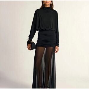 Commense- Turtleneck Long Sleeve Ruched Mesh Dress- Size Small- Navy